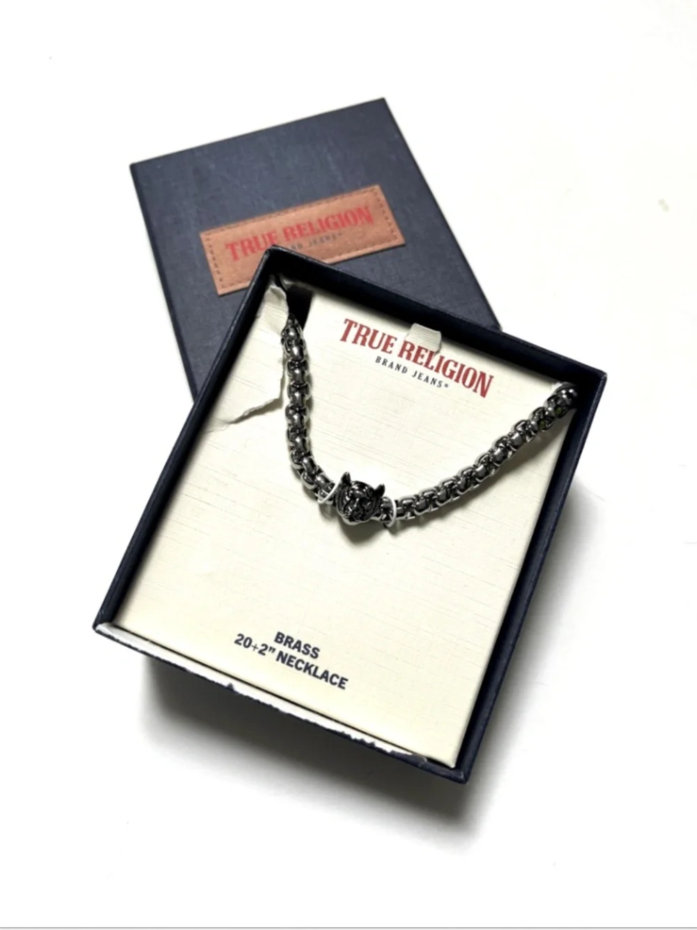 True Religion Men's Tiger Head Brass Necklace Silver Tone 20